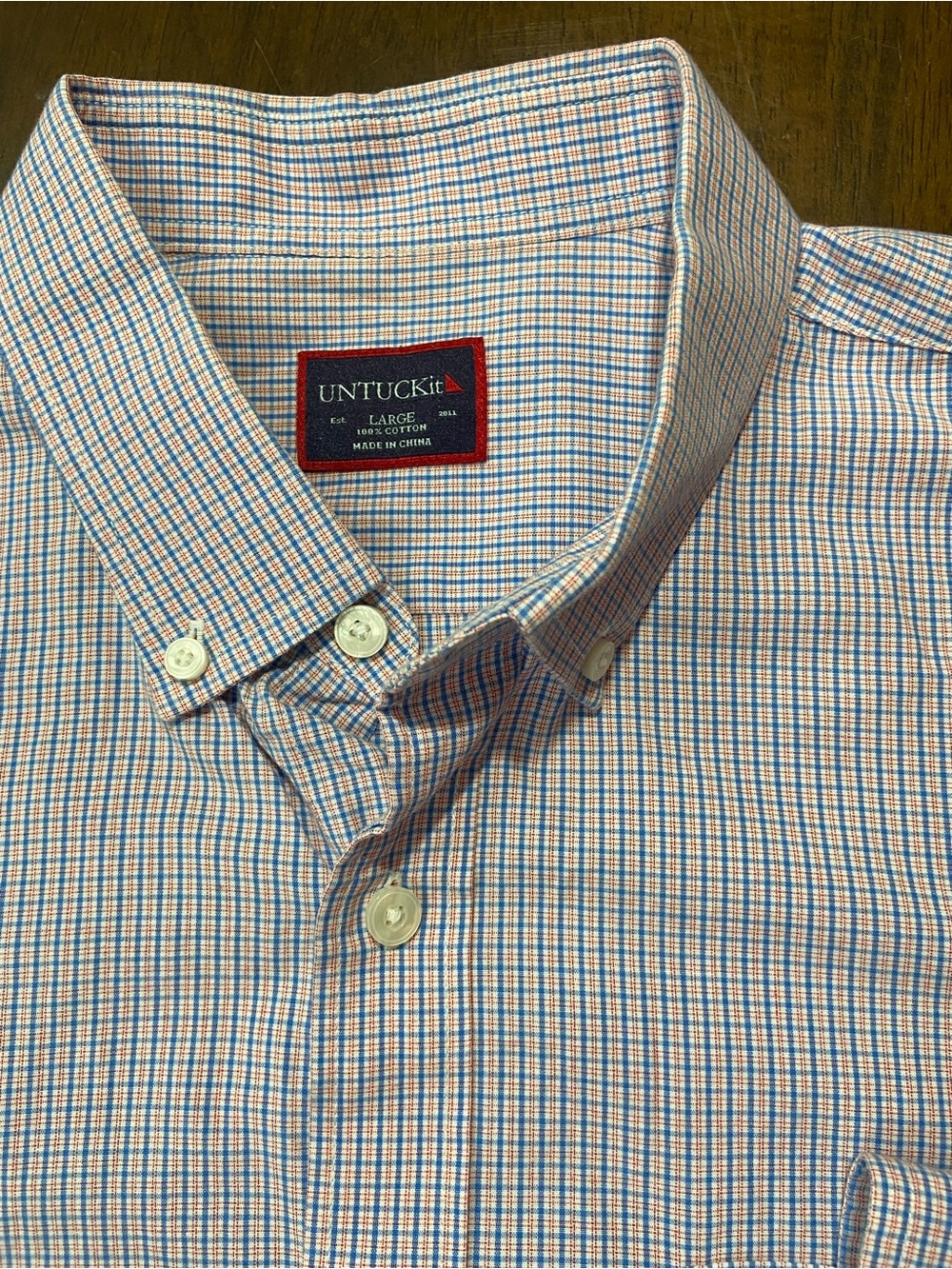 UNTUCKit Mens Large Blue Red Micro Plaid Long Sleeve Button Down Shirt Cotton